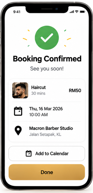 Booking confirmed with haircut, date, time and barber studio address
