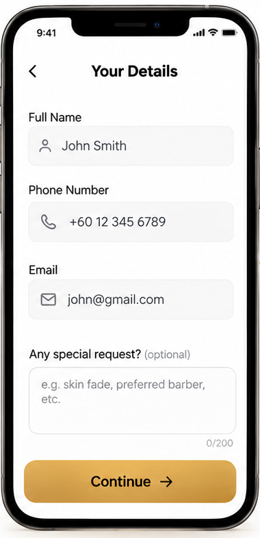 Customer booking form for name, phone number, email and special requests