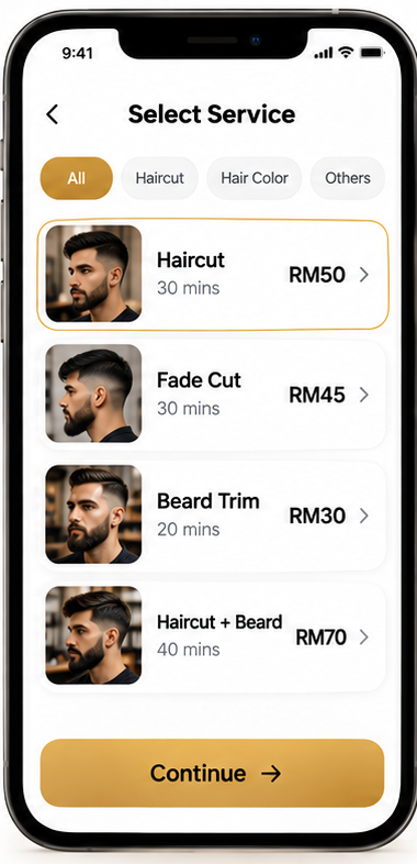 Booking page with haircut, fade cut, beard trim and haircut plus beard services