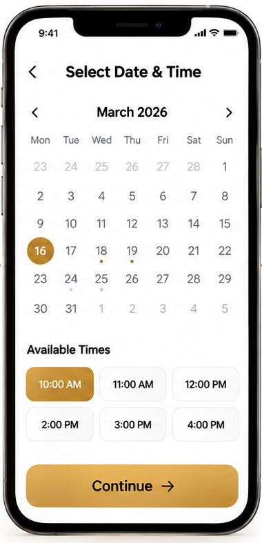 Booking calendar with available dates and appointment times