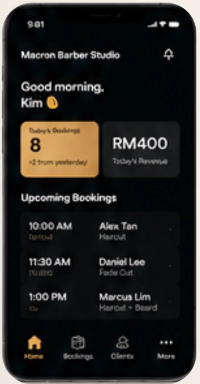 Macron Barber Studio owner dashboard with bookings, revenue and upcoming appointments
