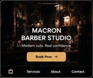 Macron Barber Studio — warm, dark and gold barber webpage